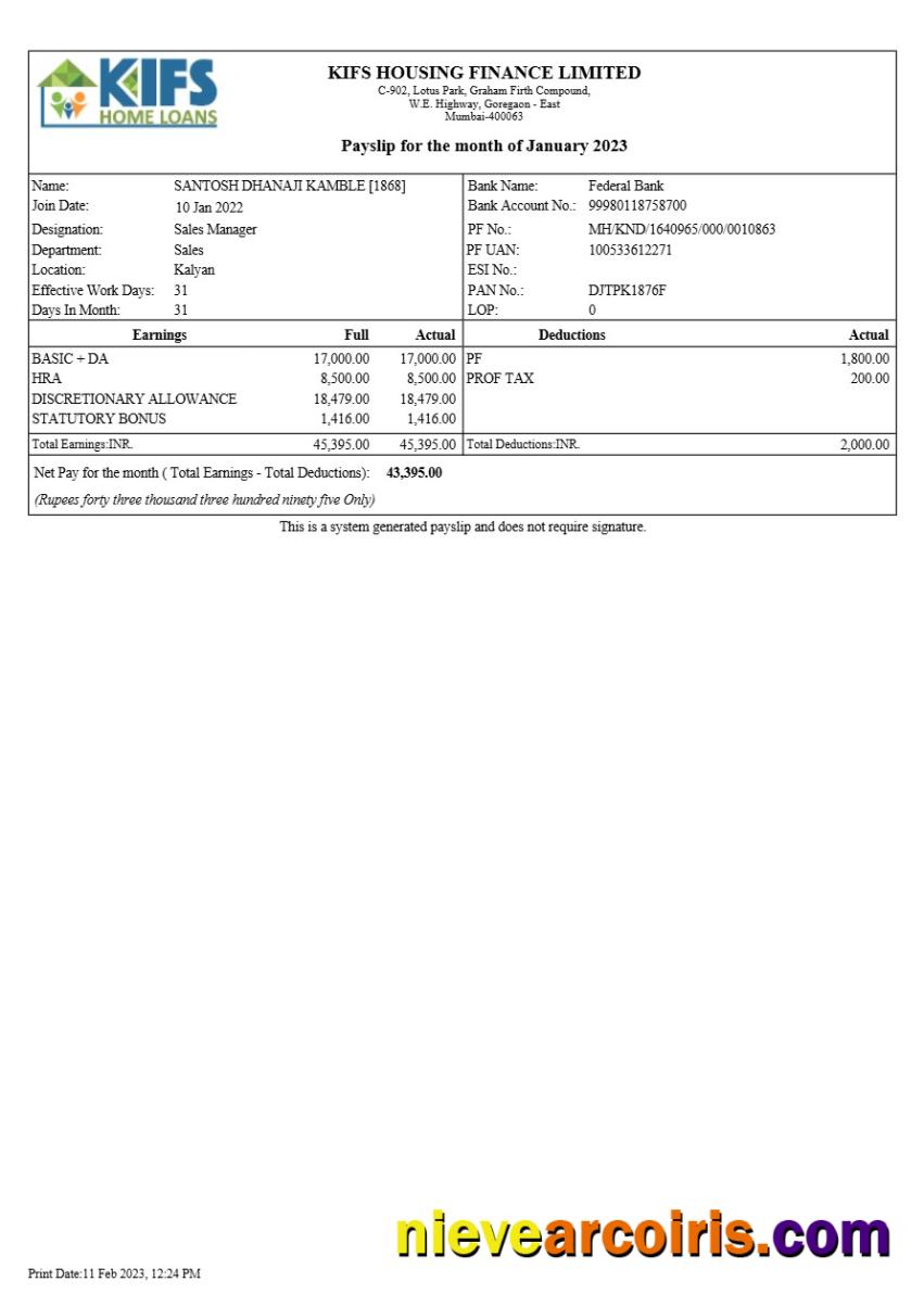 KIFS Housing Finance payslip